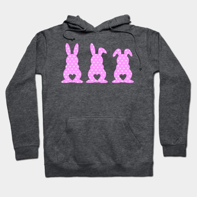 Three Easter Bunnies with Heart Shaped Tails Pink Polkadots Hoodie by deelirius8